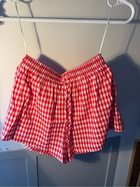 High-Waist Red Gingham Elastic-Waist Women's Shorts
